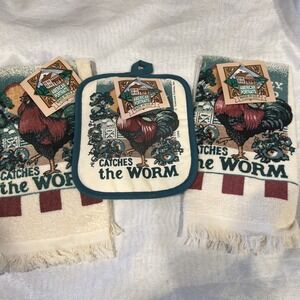 Vtg 1994 3pc Dish Towels & Pot Holder Rooster Franco Farmhouse Made‎ In USA